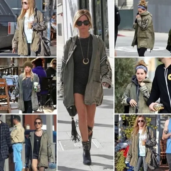 FREE PEOPLE Golden Quills Military Parka Jacket Coat Green Rhinestones M RARE - Picture 6 of 16